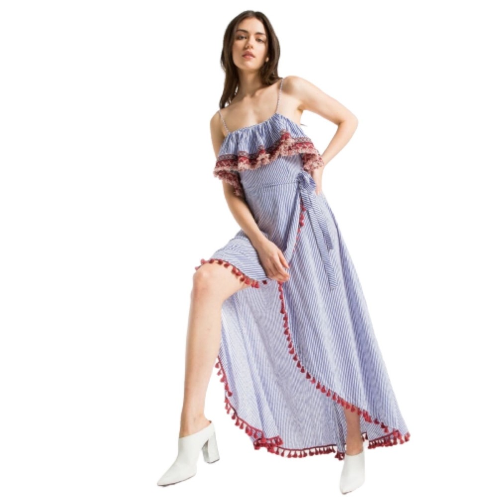 EUC THML Embroidered Blue White Striped Wrap Front Maxi Dress w/ Tassels…